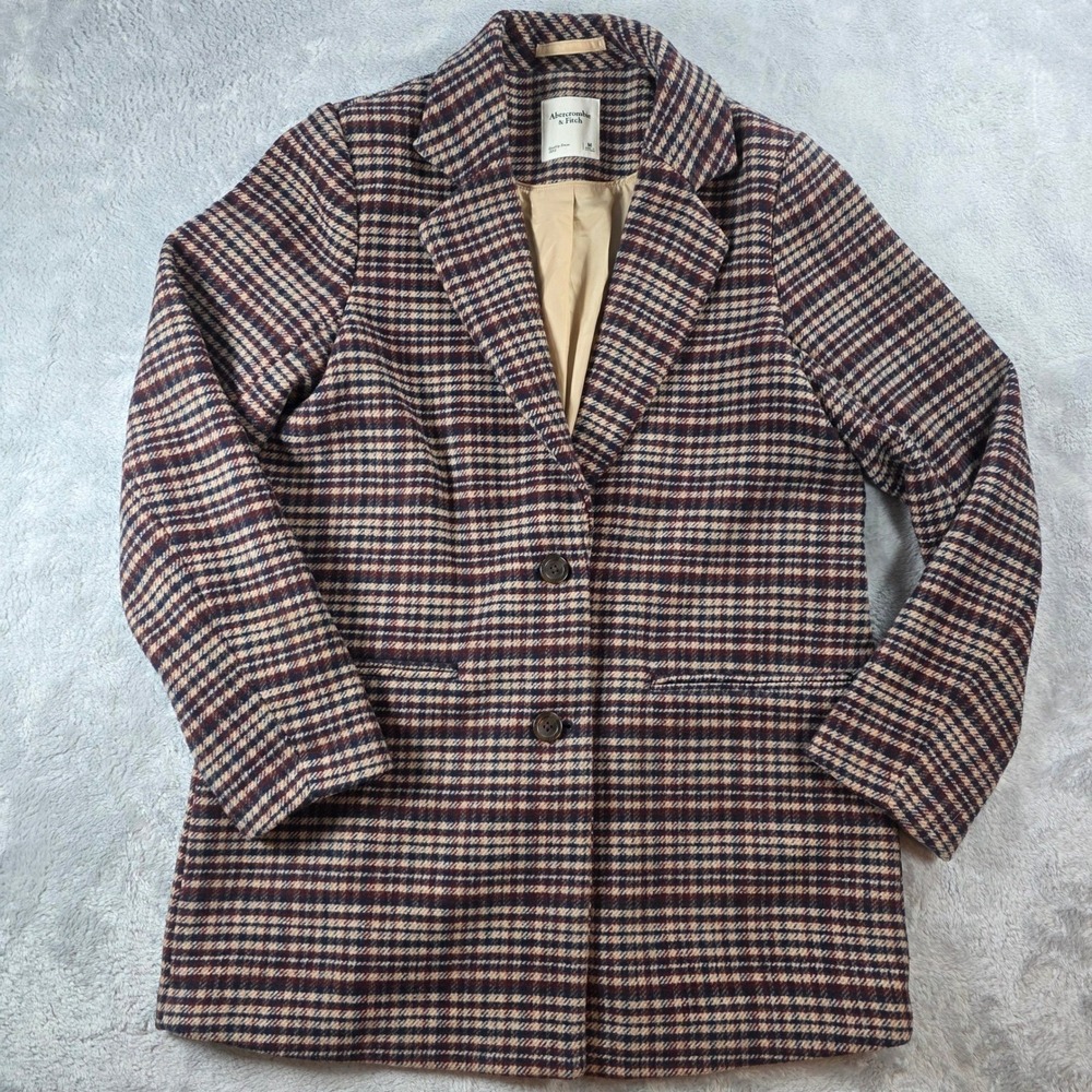 Abercrombie & Fitch Plaid Wool Blend Tailored Overcoat Burgundy Navy Womens Med